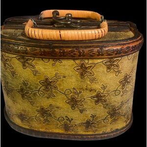 Vintage Wooden/ leather embossed purse collectible with brass hinges and latch